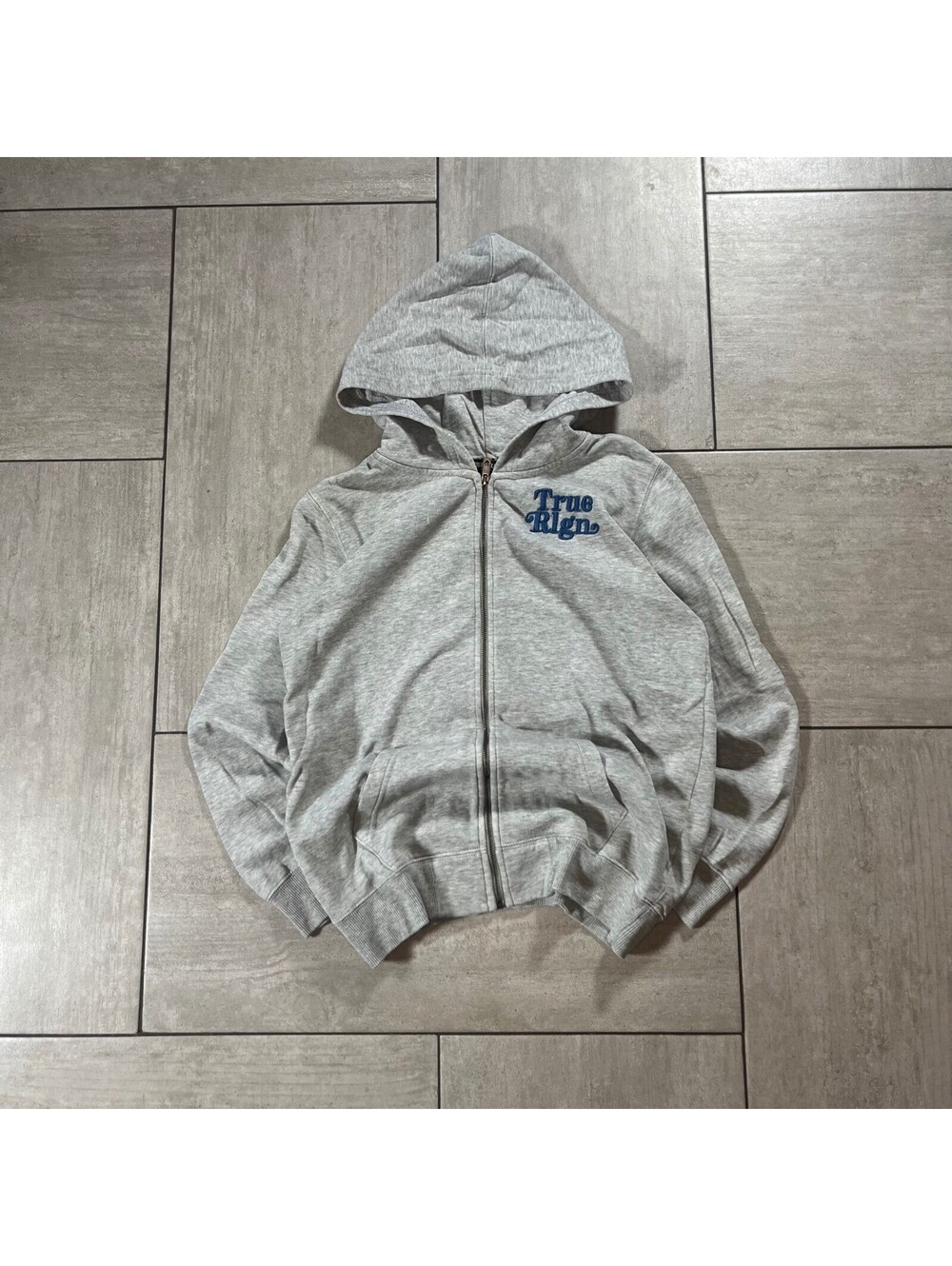 True Religion Kids Zip Up Hoodie Heather Gray Blue Logo XL 1166